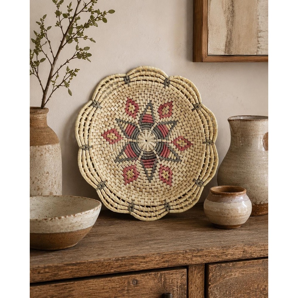 Vintage Woven Wall Basket Floral Scalloped Boho Folk Art Decor